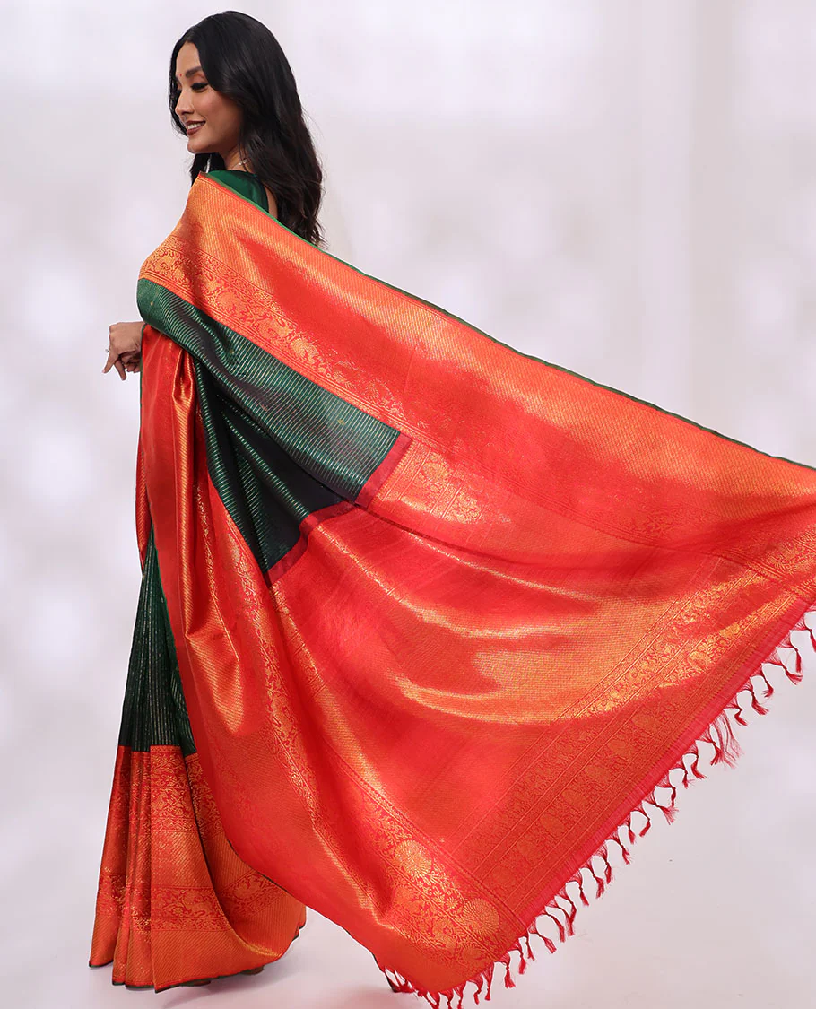 Green striped, floral design Samudrika silk saree with contrast thilakam mokku, banaras, mayil design & zari design pallu - Image 6