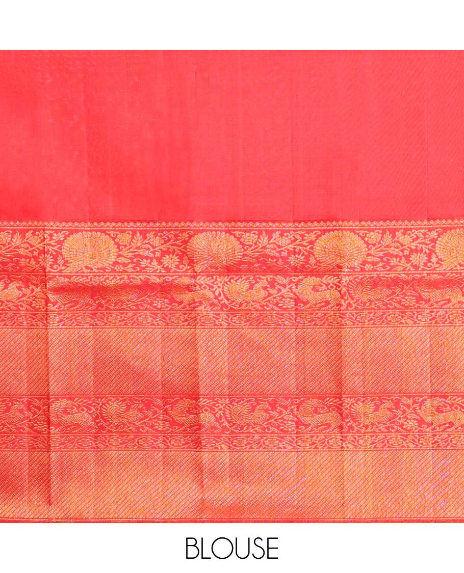 Green striped, floral design Samudrika silk saree with contrast thilakam mokku, banaras, mayil design & zari design pallu - Image 7