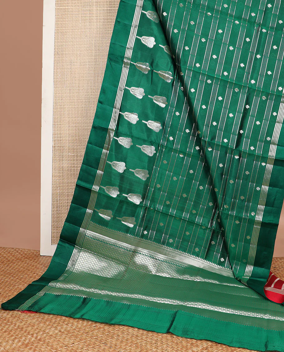 Green striped, floral design raw mango silk saree with self border & jaal design pallu - Image 3