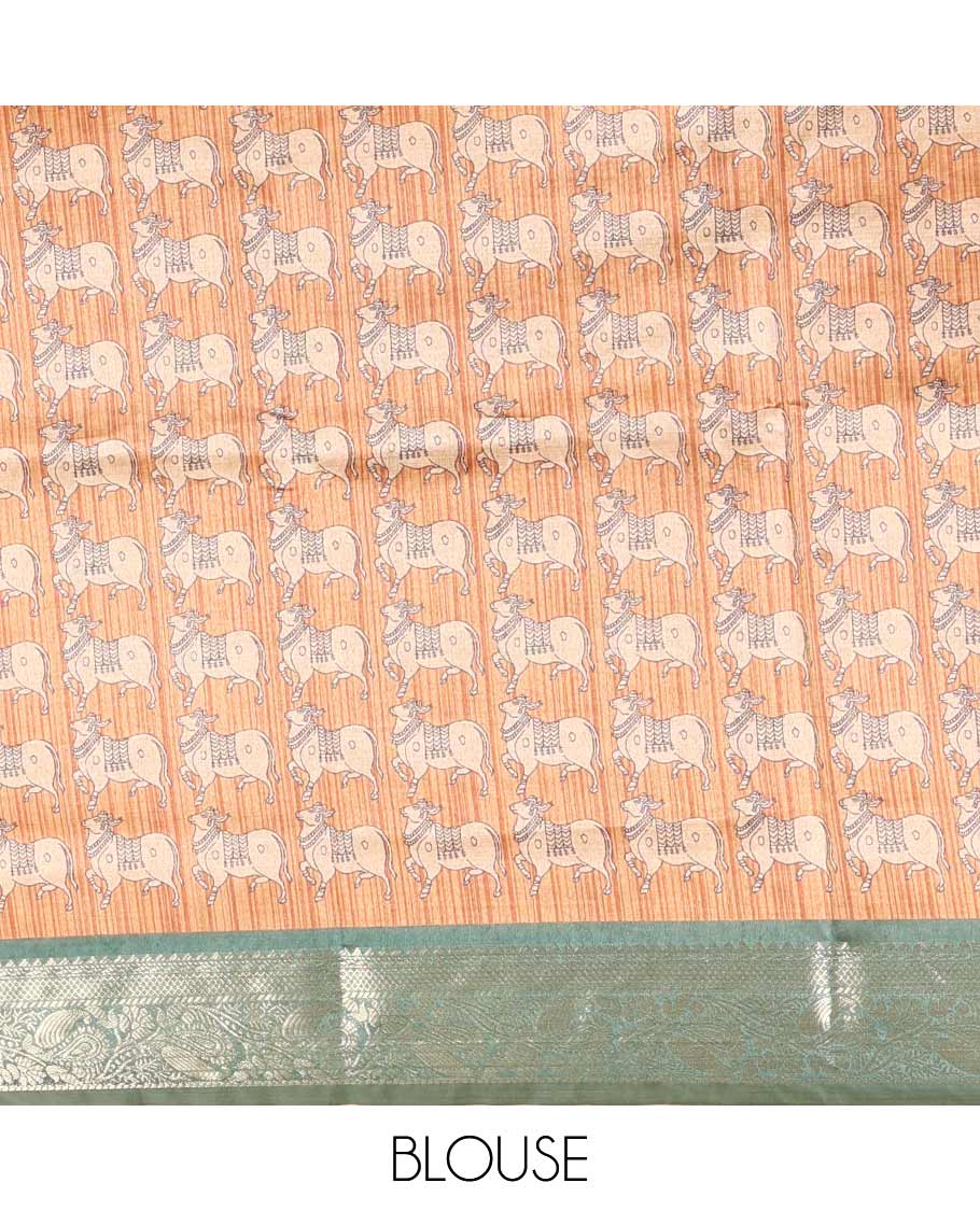 Green striped semi-tussar saree, traditional zari border of floral creeper designs, contrast pallu of Pichwai cow print, and contrast Pichwai cow printed blouse - Image 4