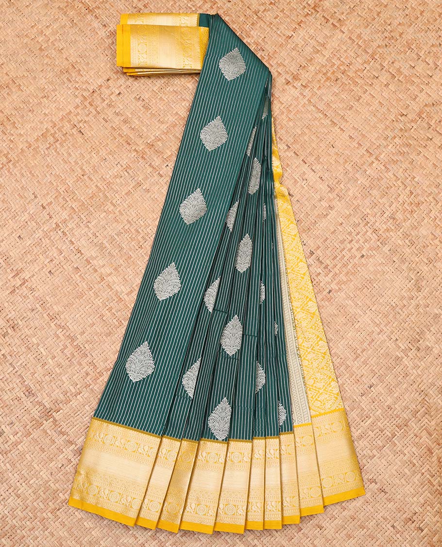 Green stripes and buttas budget silk saree, contrast traditional zari design border, and jaal pallu - Image 2