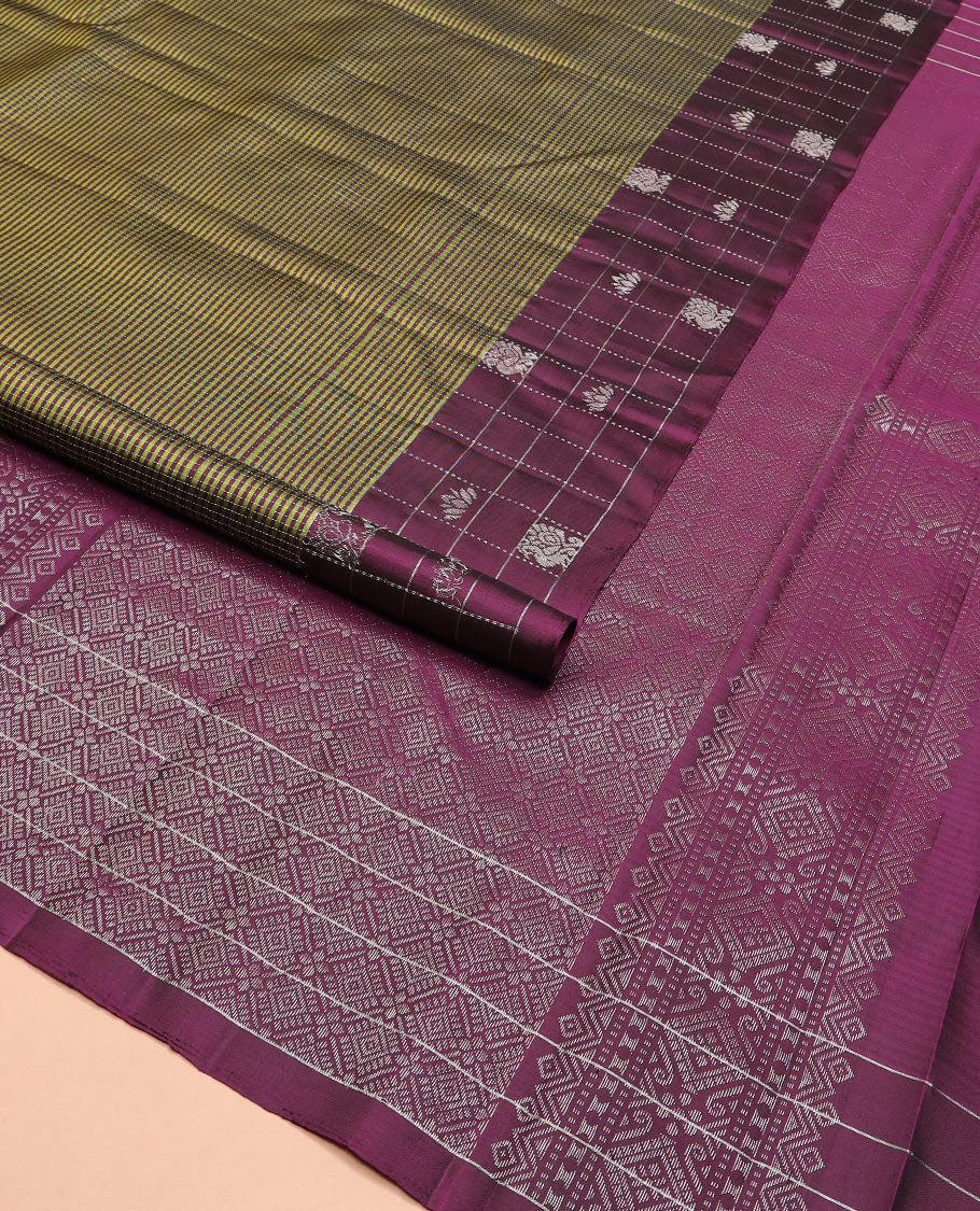 Green stripes and muthu striped Kanchipuram silk saree, contrast border of mayil and lotus butta enclosed checks, and intricate jaal pallu - Image 2