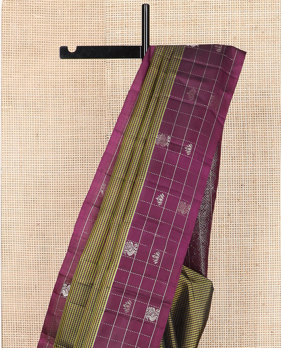 Green stripes and muthu striped Kanchipuram silk saree, contrast border of mayil and lotus butta enclosed checks, and intricate jaal pallu - Image 3