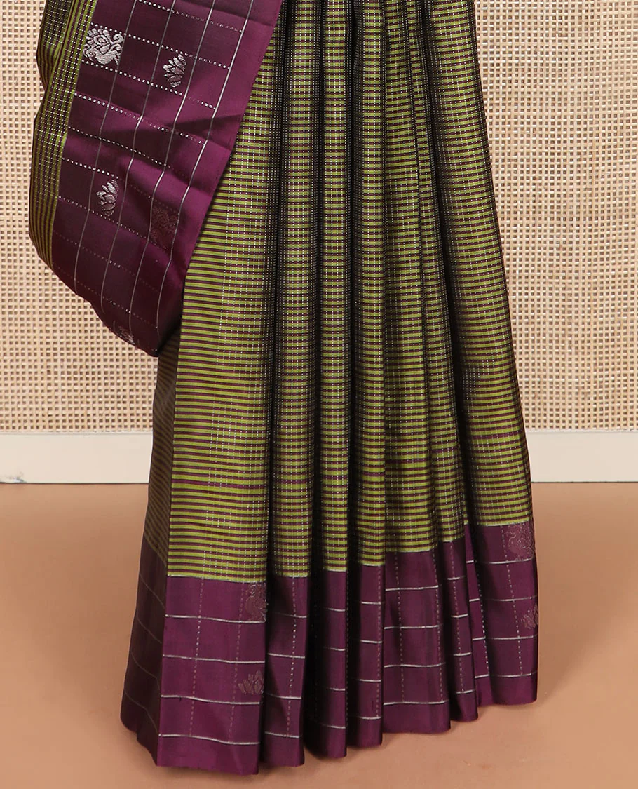 Green stripes and muthu striped Kanchipuram silk saree, contrast border of mayil and lotus butta enclosed checks, and intricate jaal pallu - Image 4