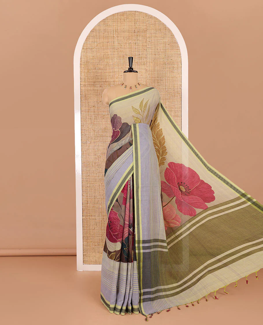 Green stripes, and tropical floral printed Mangalgiri cotton saree, traditional thread border, striped pallu, and a matching blouse