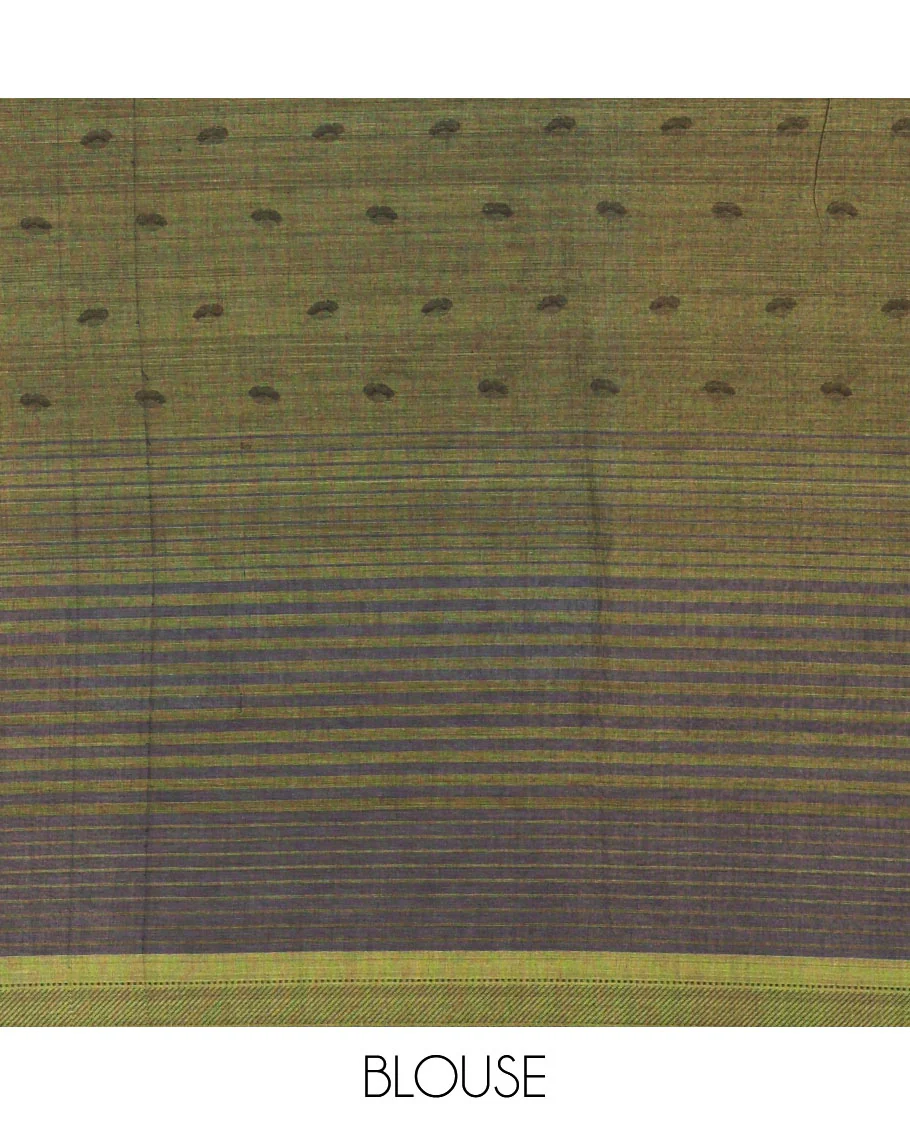 Green stripes, and tropical floral printed Mangalgiri cotton saree, traditional thread border, striped pallu, and a matching blouse - Image 4