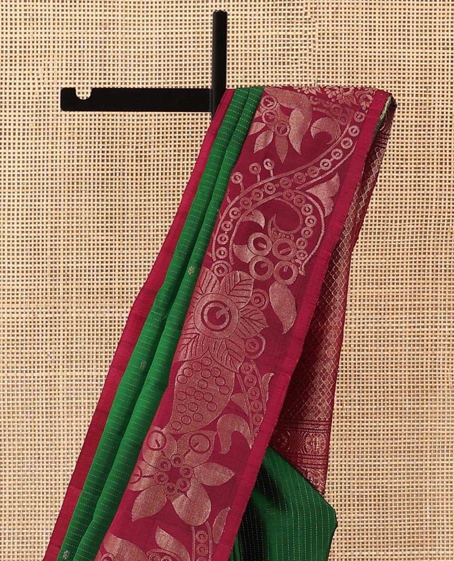 Green stripes and zari buttas Mayuri soft silk saree, contrast floral design border, and jaal pallu - Image 4
