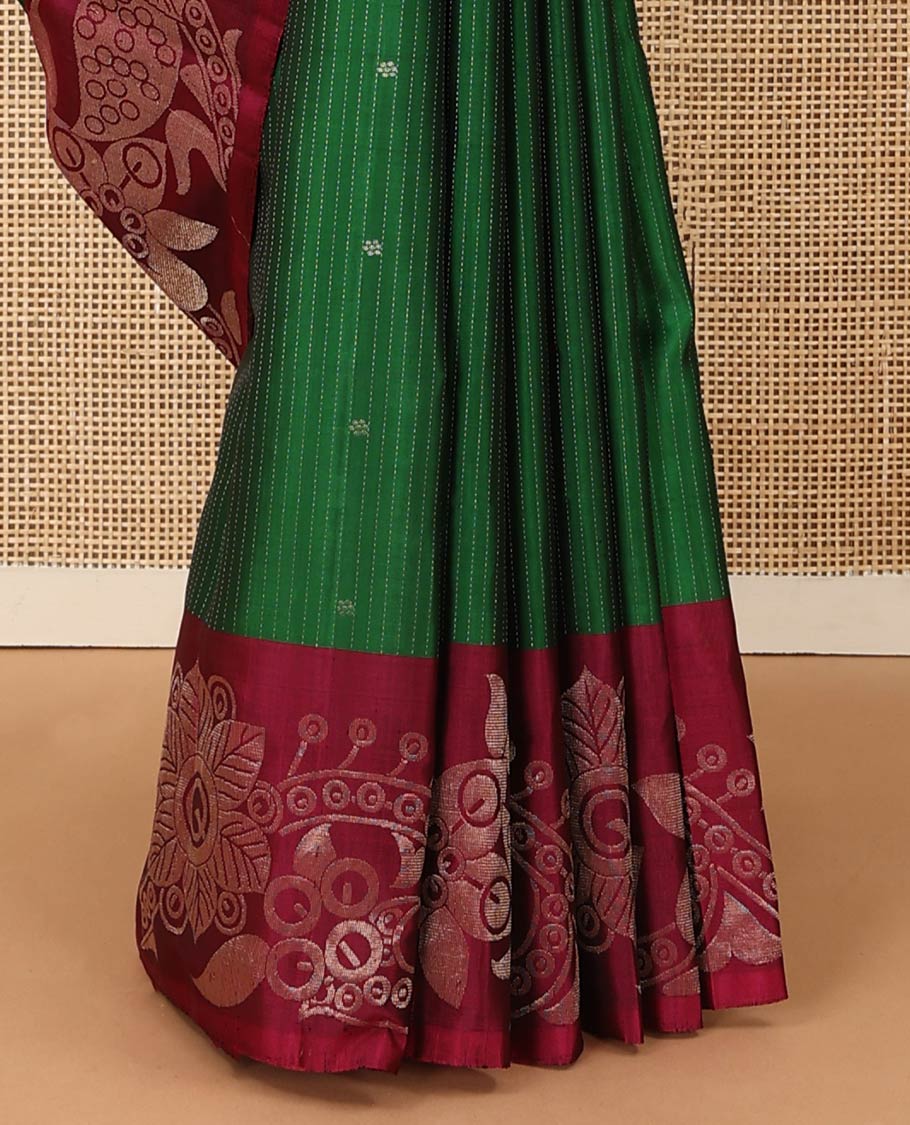 Green stripes and zari buttas Mayuri soft silk saree, contrast floral design border, and jaal pallu - Image 5