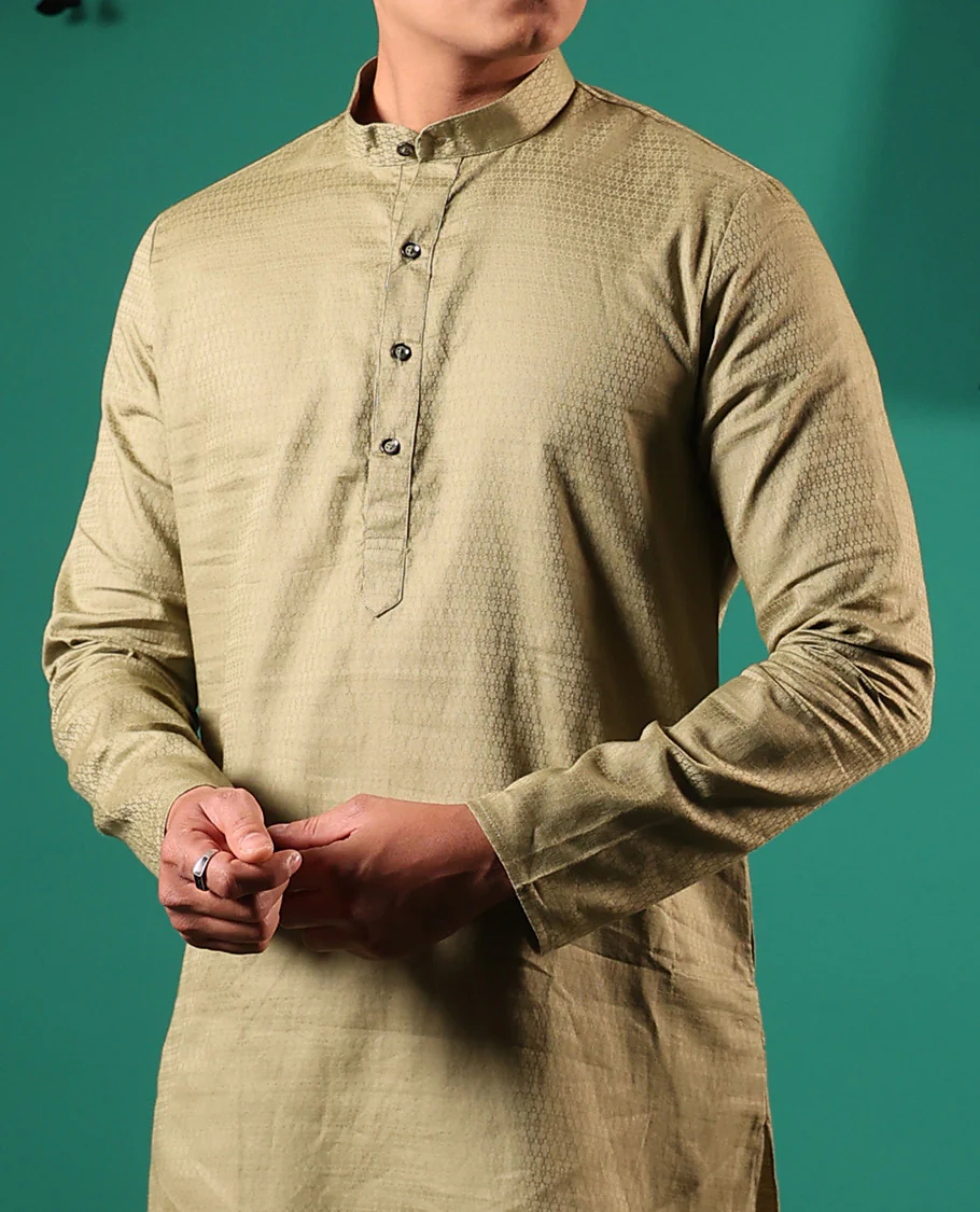 Green texture embossed full-sleeved men's kurta - Image 4