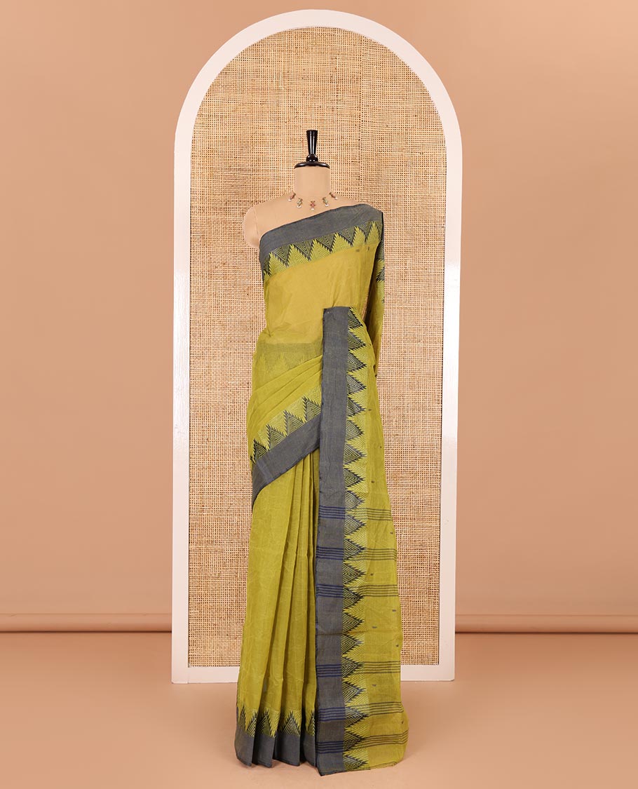 Green thread buttas Bengal cotton saree, contrast temple border, and pallu of buttas and stripes - Image 2