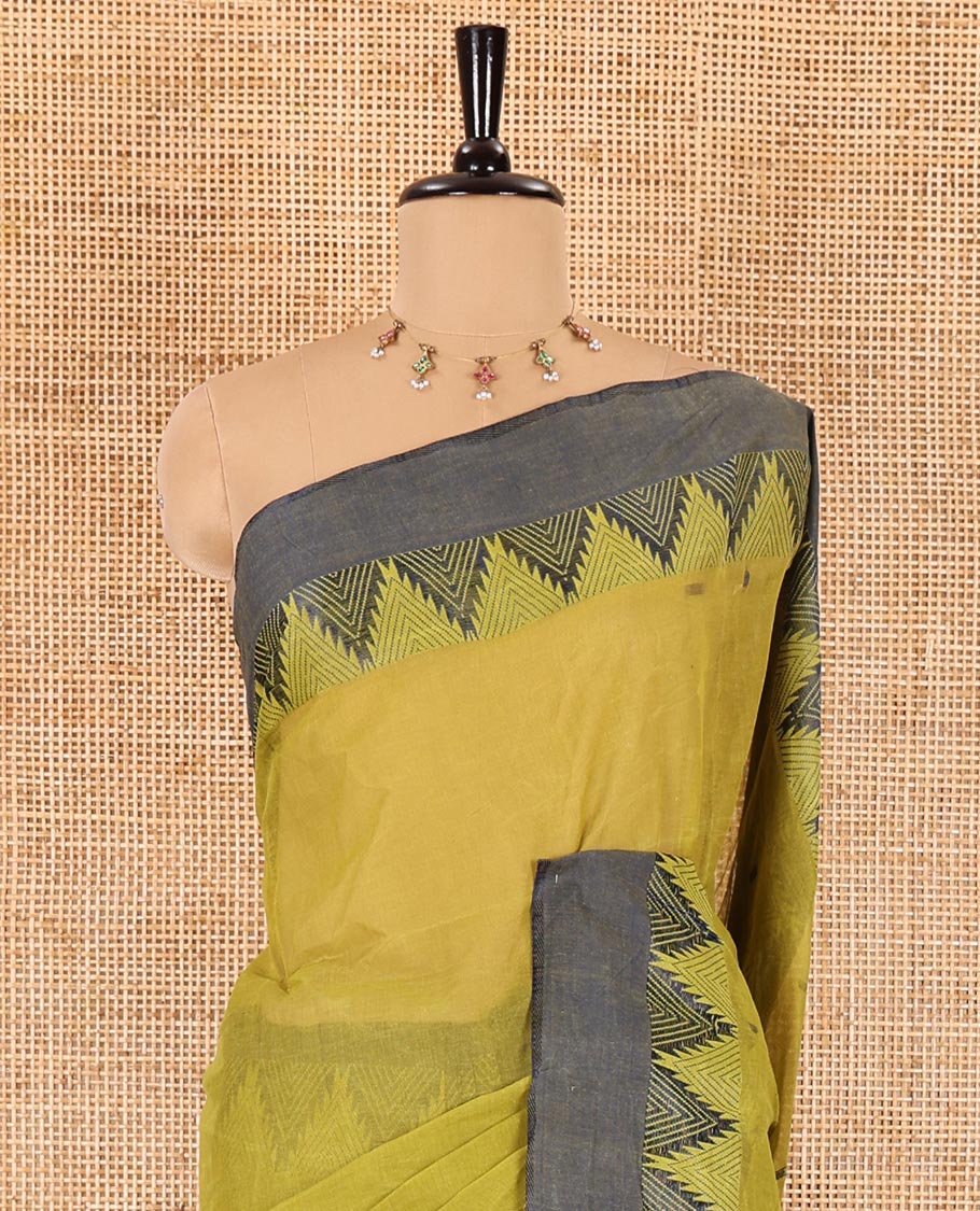 Green thread buttas Bengal cotton saree, contrast temple border, and pallu of buttas and stripes - Image 3