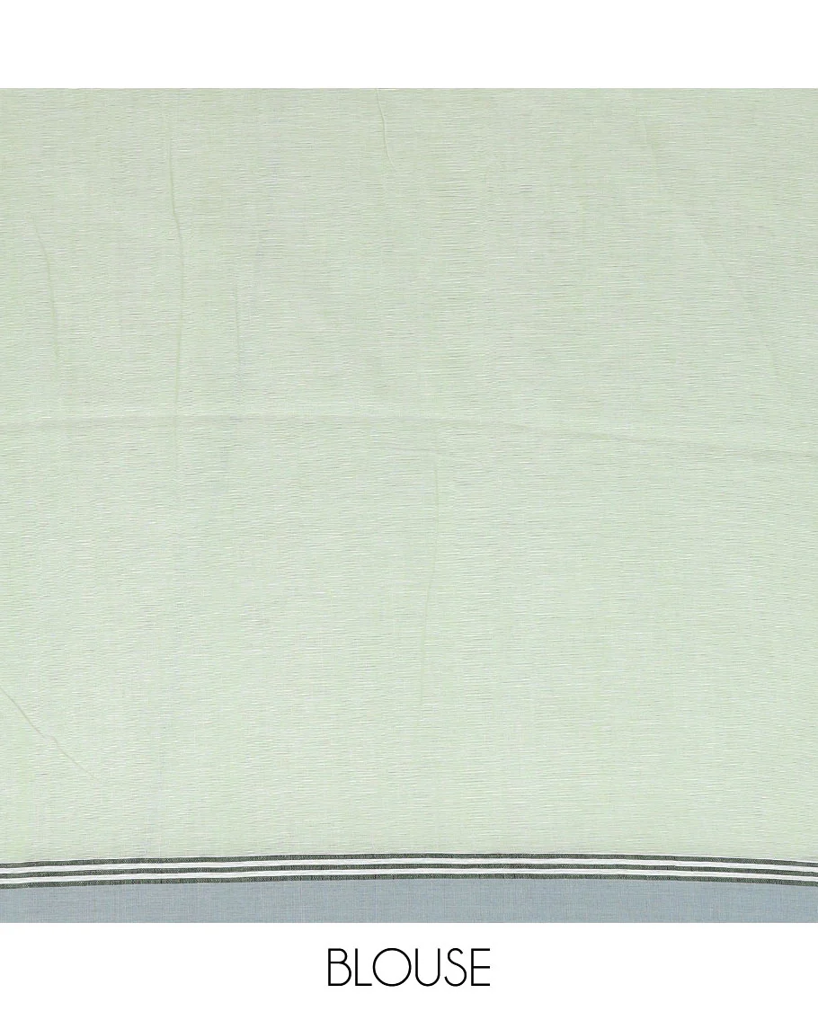 Green thread buttas Khadi cotton saree, contrast plain border, and pallu of thread woven jamdani floral designs - Image 3