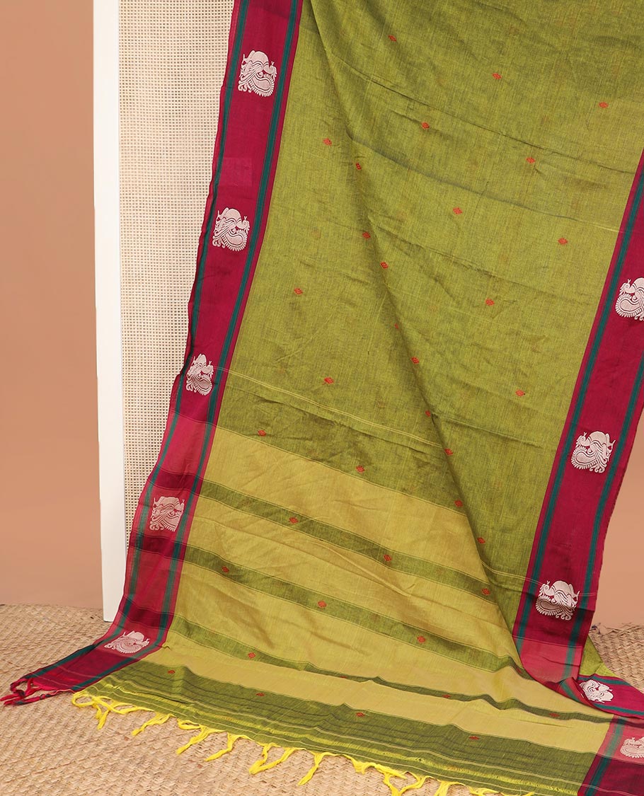 Green thread buttas Narayanapet cotton saree, contrast peacock motifs border, and pallu of stripes - Image 2