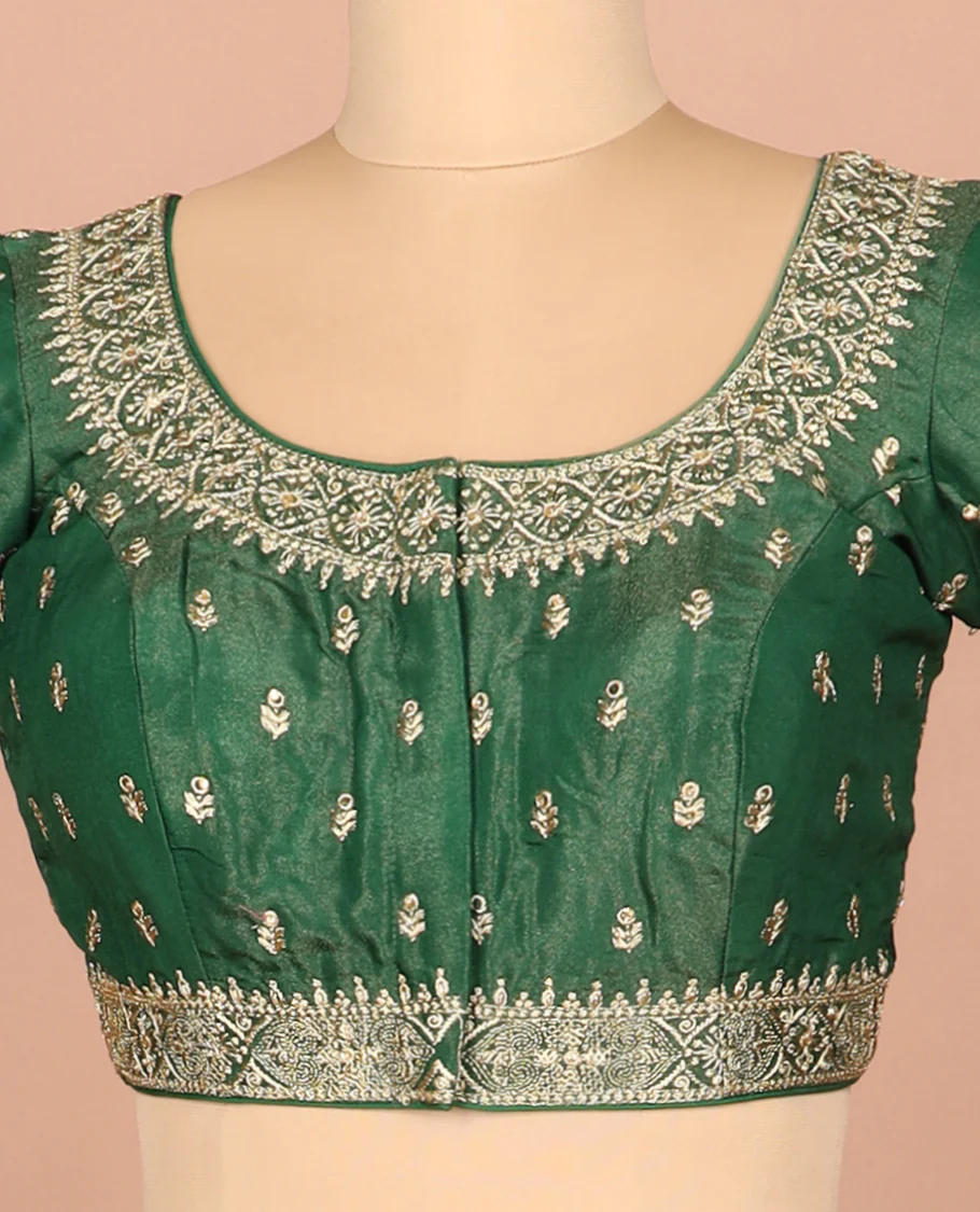 Green thread embroidered front-and-back round elbow-sleeve readymade blouse - Image 2
