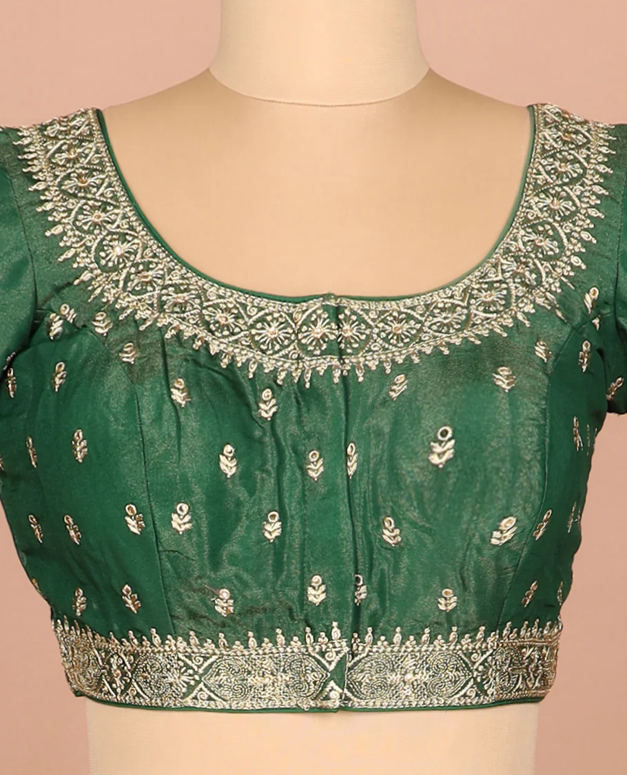 Green thread embroidered front-and-back round elbow-sleeve readymade blouse - Image 3