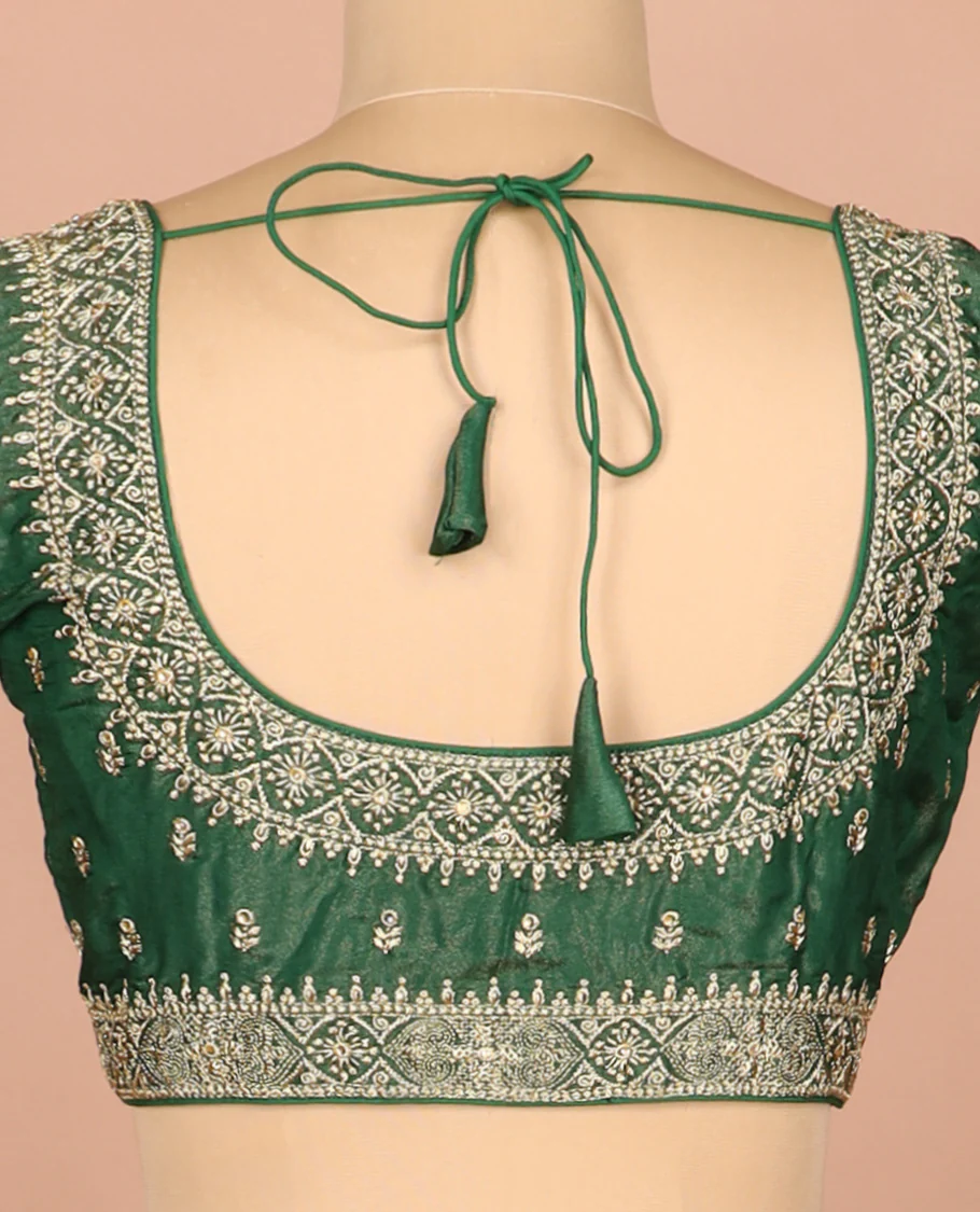 Green thread embroidered front-and-back round elbow-sleeve readymade blouse - Image 4