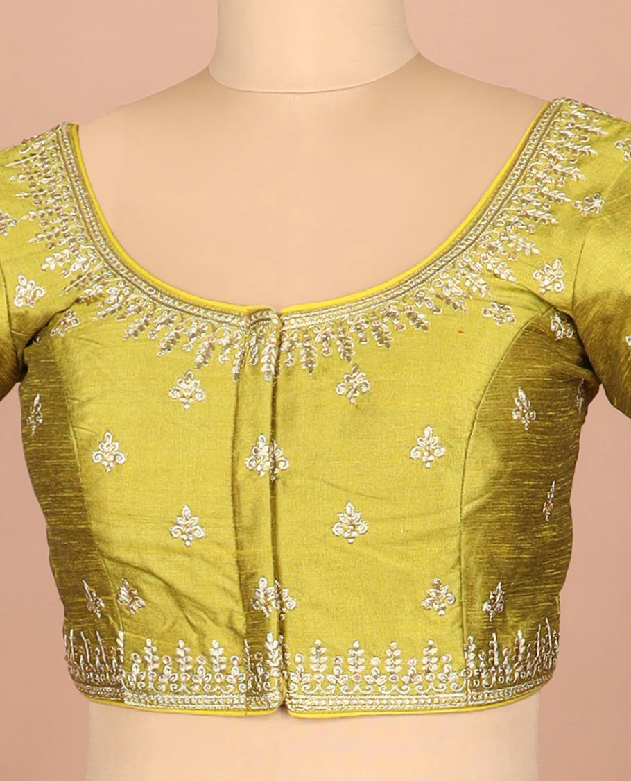 Green thread embroidered front-and-back round elbow-sleeve readymade blouse - Image 2