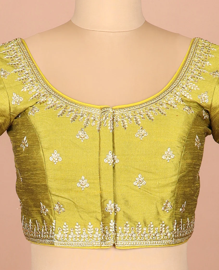 Green thread embroidered front-and-back round elbow-sleeve readymade blouse - Image 3