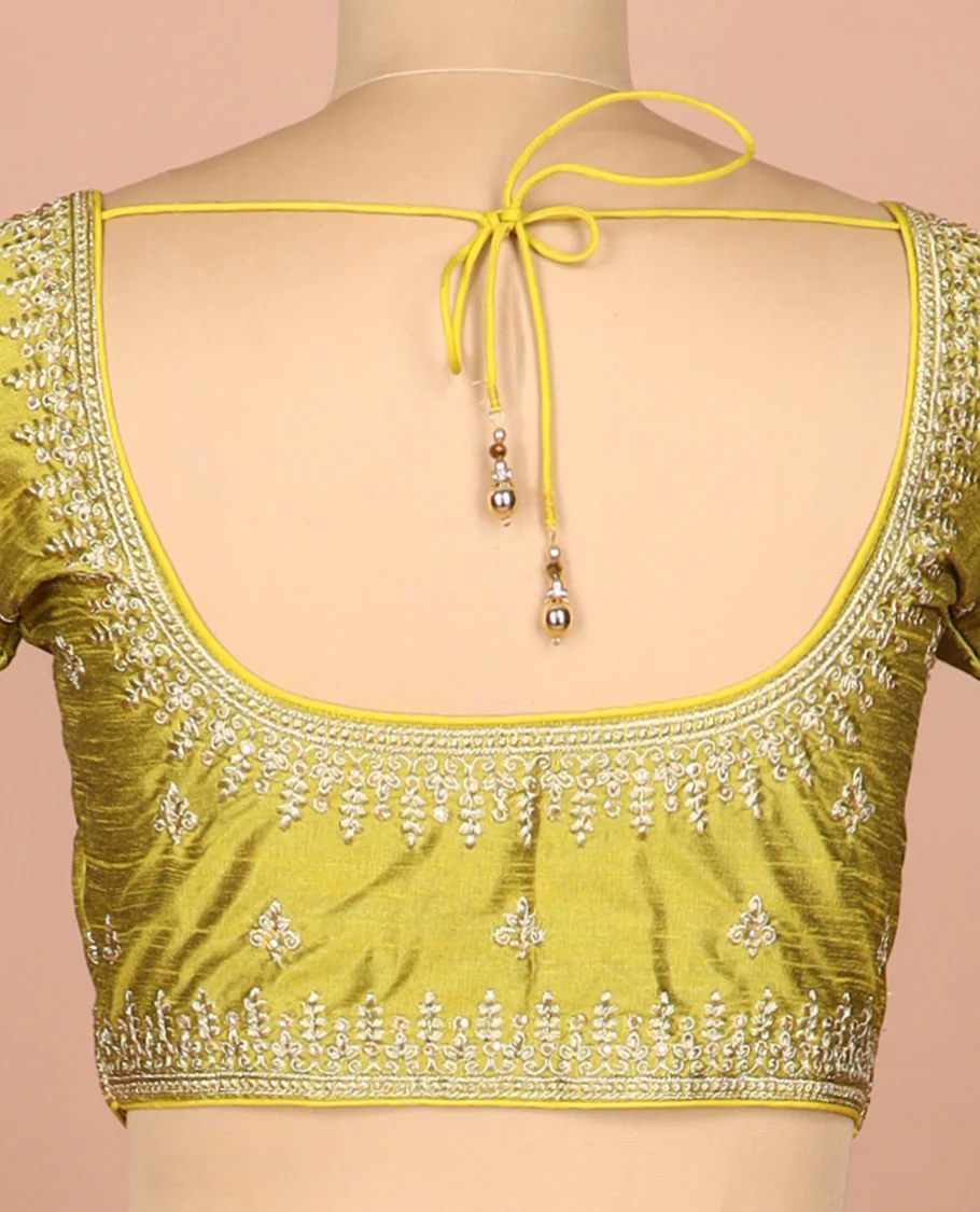 Green thread embroidered front-and-back round elbow-sleeve readymade blouse - Image 4