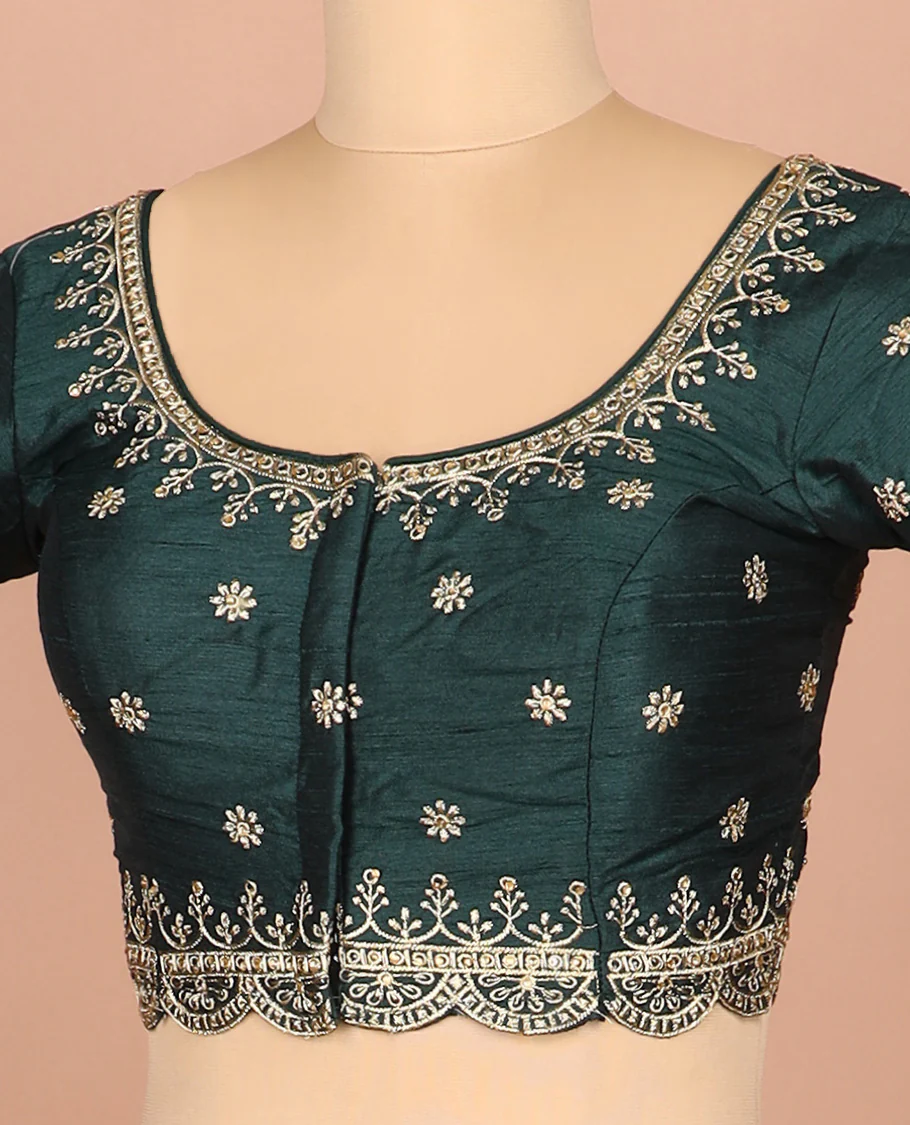 Green thread embroidered front-and-back round elbow-sleeve readymade blouse - Image 2