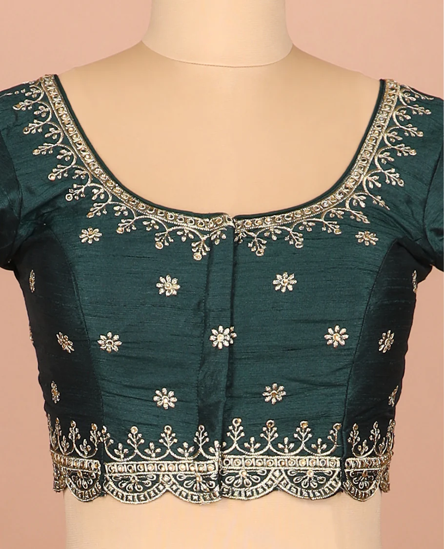 Green thread embroidered front-and-back round elbow-sleeve readymade blouse - Image 3
