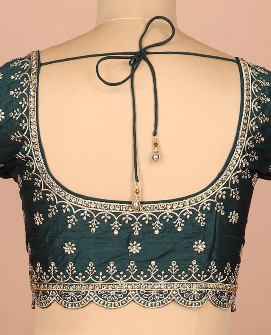 Green thread embroidered front-and-back round elbow-sleeve readymade blouse - Image 4