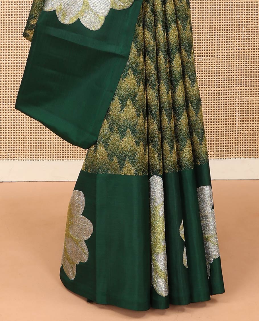 Green tree motifs Kanchipuram designer saree, big marigold floral motifs woven border, and jaal pallu - Image 5
