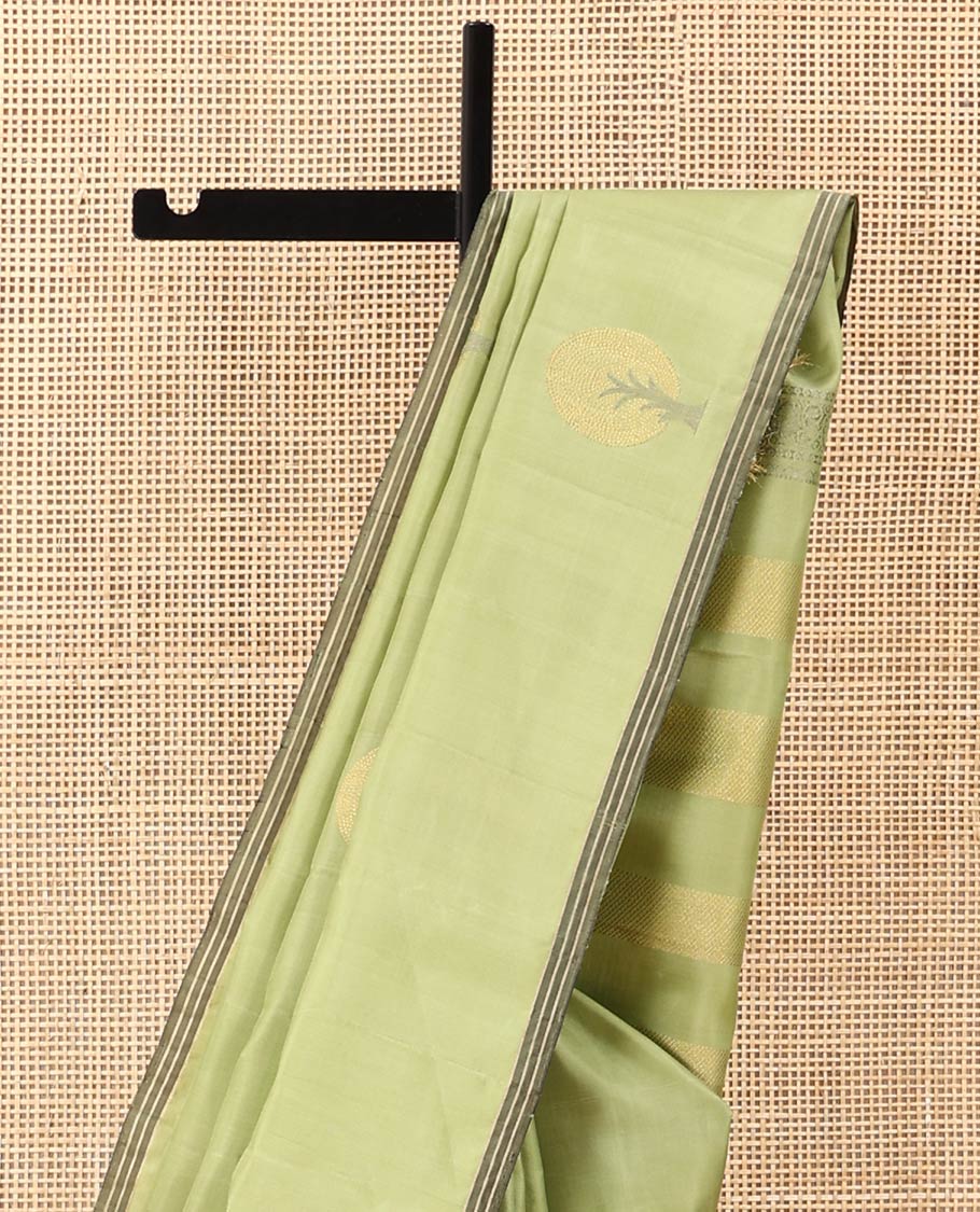 Green tree motifs zari woven Mayuri soft silk saree, striped piping border, and pallu of zari designs - Image 3