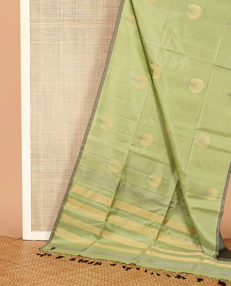 Green tree motifs zari woven Mayuri soft silk saree, striped piping border, and pallu of zari designs - Image 4
