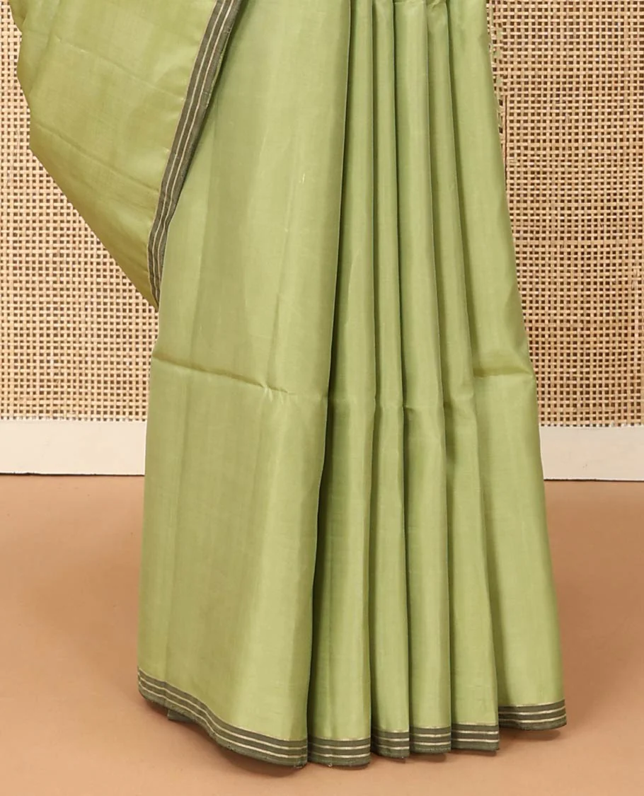 Green tree motifs zari woven Mayuri soft silk saree, striped piping border, and pallu of zari designs - Image 5