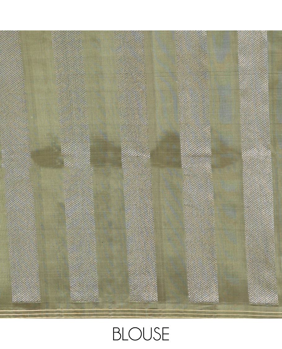Green tree motifs zari woven Mayuri soft silk saree, striped piping border, and pallu of zari designs - Image 6