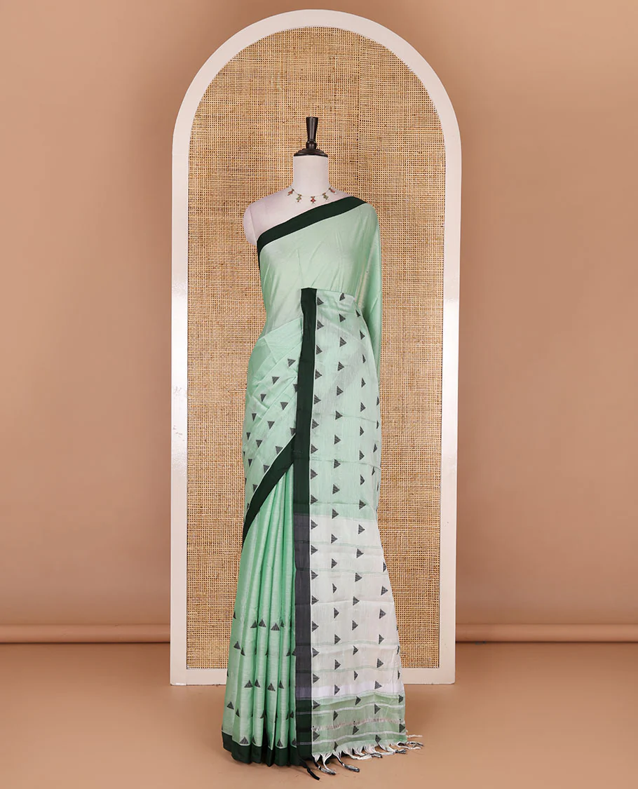Green triangle motifs mercerised cotton saree, contrast plain border, striped pallu, and matching triangle motifs blouse - Image 2