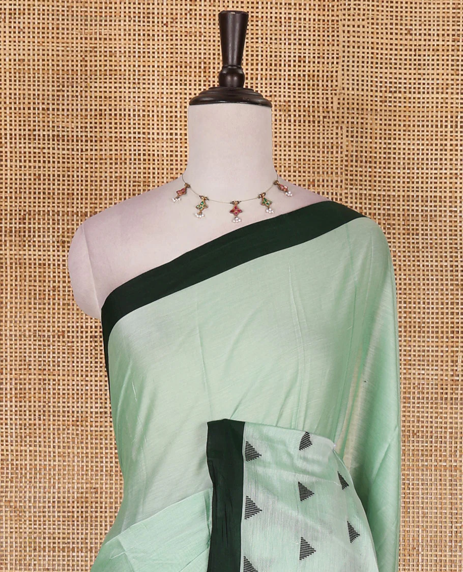 Green triangle motifs mercerised cotton saree, contrast plain border, striped pallu, and matching triangle motifs blouse - Image 3