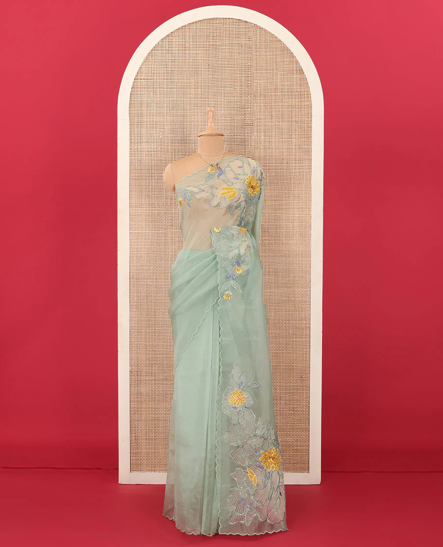 Green tropical floral motifs thread embroidered organza saree, scallop border, and floral embroidered pallu - Image 2