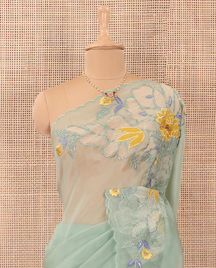 Green tropical floral motifs thread embroidered organza saree, scallop border, and floral embroidered pallu - Image 3