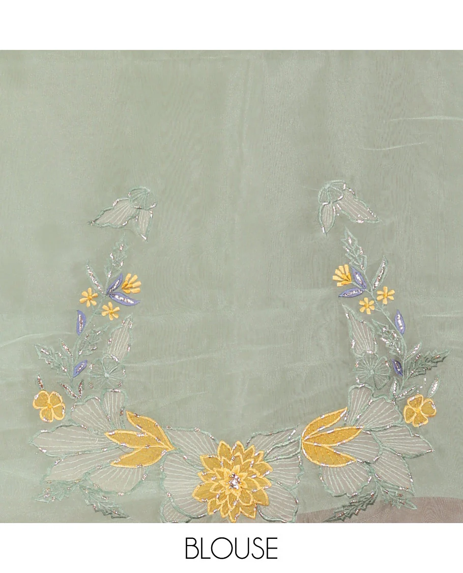 Green tropical floral motifs thread embroidered organza saree, scallop border, and floral embroidered pallu - Image 4