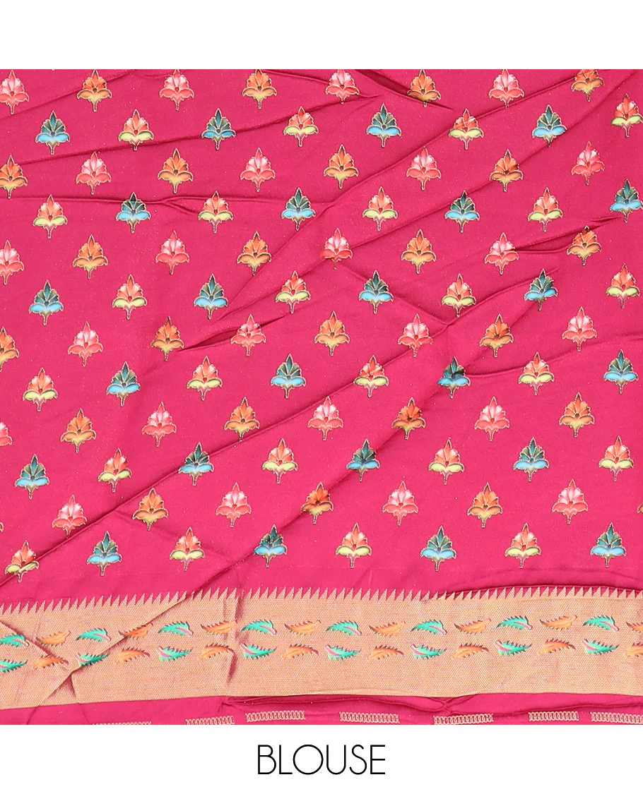 Green unique motifs printed dola silk saree, gleaming zari border, and pallu of Mughal-style man and women motifs - Image 5