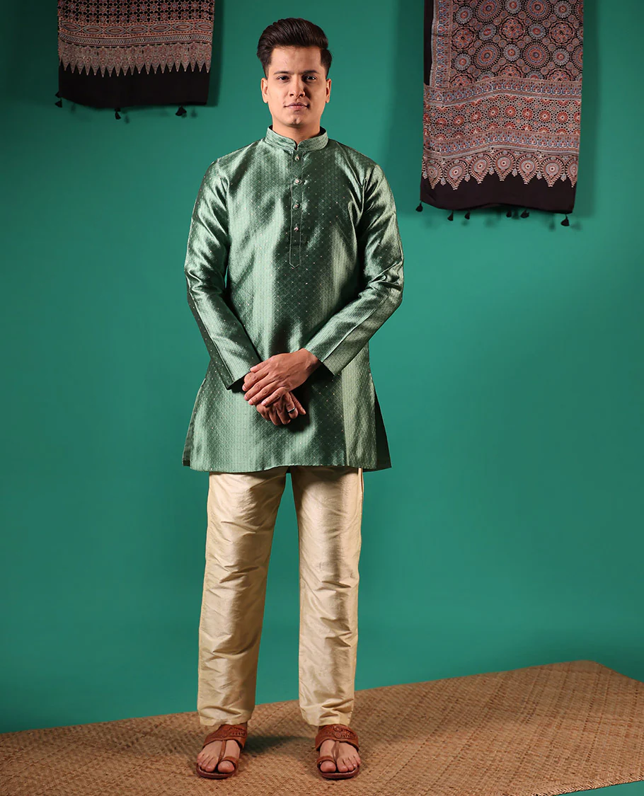 Green unique patterns embossed with glitter dotted full-sleeved men's kurta - Image 2