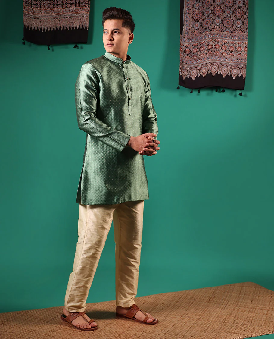 Green unique patterns embossed with glitter dotted full-sleeved men's kurta - Image 3