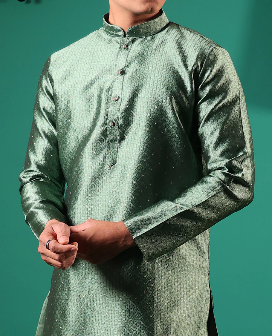 Green unique patterns embossed with glitter dotted full-sleeved men's kurta - Image 4