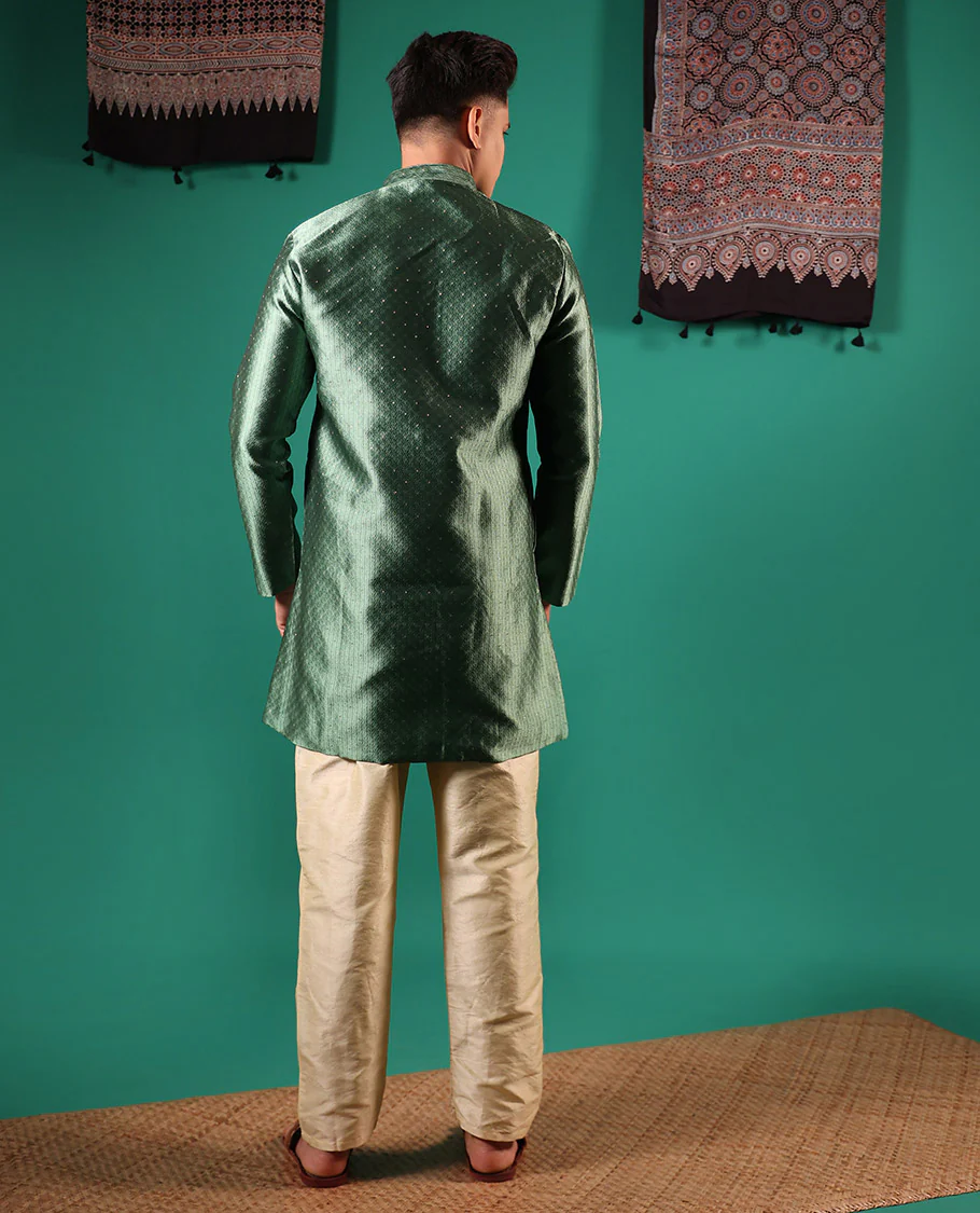 Green unique patterns embossed with glitter dotted full-sleeved men's kurta - Image 5