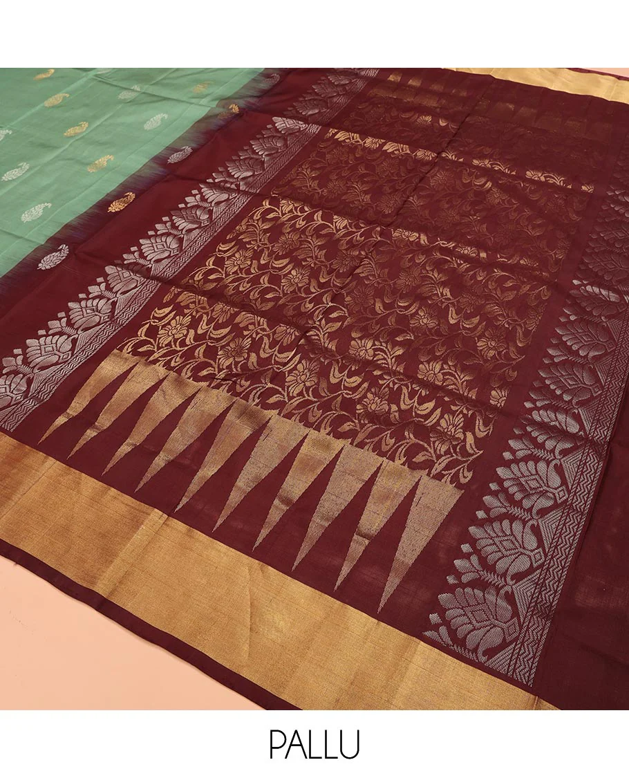Green Uppada Silk Saree Accentuated with Paisley Buttas, Subtle Contrast Border of Temple Gopuram Motifs, Captivating Pallu Featuring Floral Jaal Design, and Paired with a Contrast Blouse - Image 5