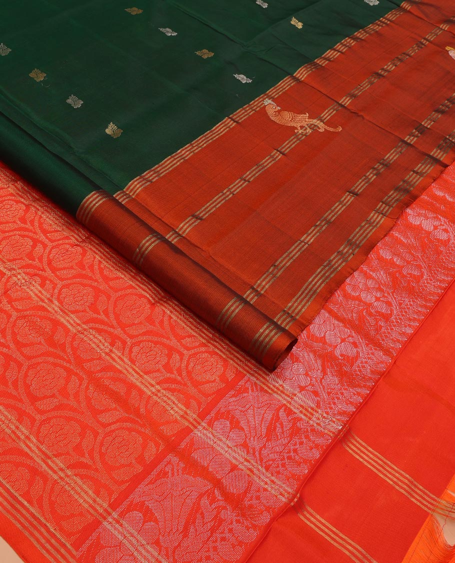 Green Uppada Silk Saree Enlivened With Zari Buttas, Captivating Contrast Border Featuring Zari Stripes And Peacock Motifs, Pallu Depicting Rose Flower-Enclosed Mughal-Style Arches, And Paired With A Contrast Blouse - Image 2