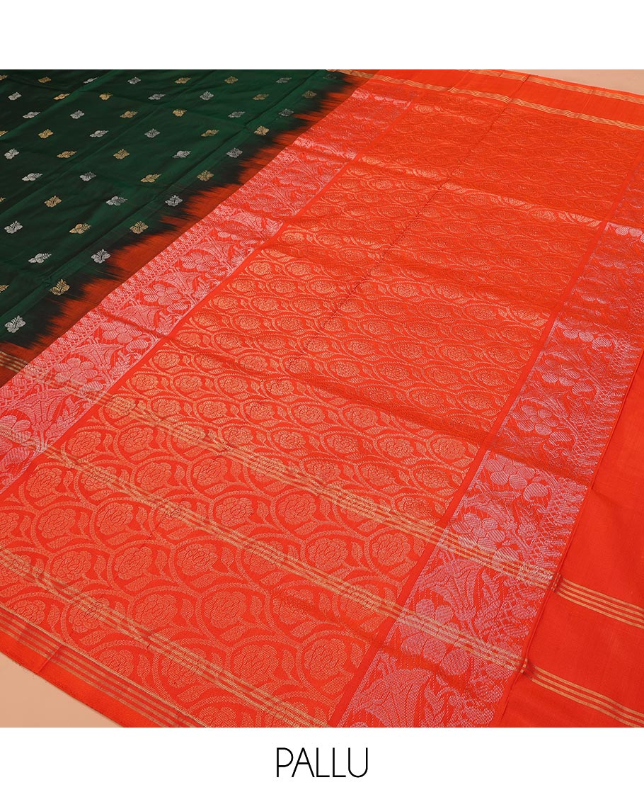 Green Uppada Silk Saree Enlivened With Zari Buttas, Captivating Contrast Border Featuring Zari Stripes And Peacock Motifs, Pallu Depicting Rose Flower-Enclosed Mughal-Style Arches, And Paired With A Contrast Blouse - Image 5