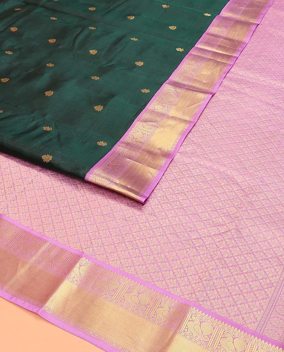 Green Vasundhara Lite Silk Mix Saree Enthralled with Zari Buttas, Featuring a Contrast Border with Thazampoo Rekku, Muthu, Mayil, and Paisa Designs, a Jaal Design Pallu, Paired with a Contrast Blouse - Image 2