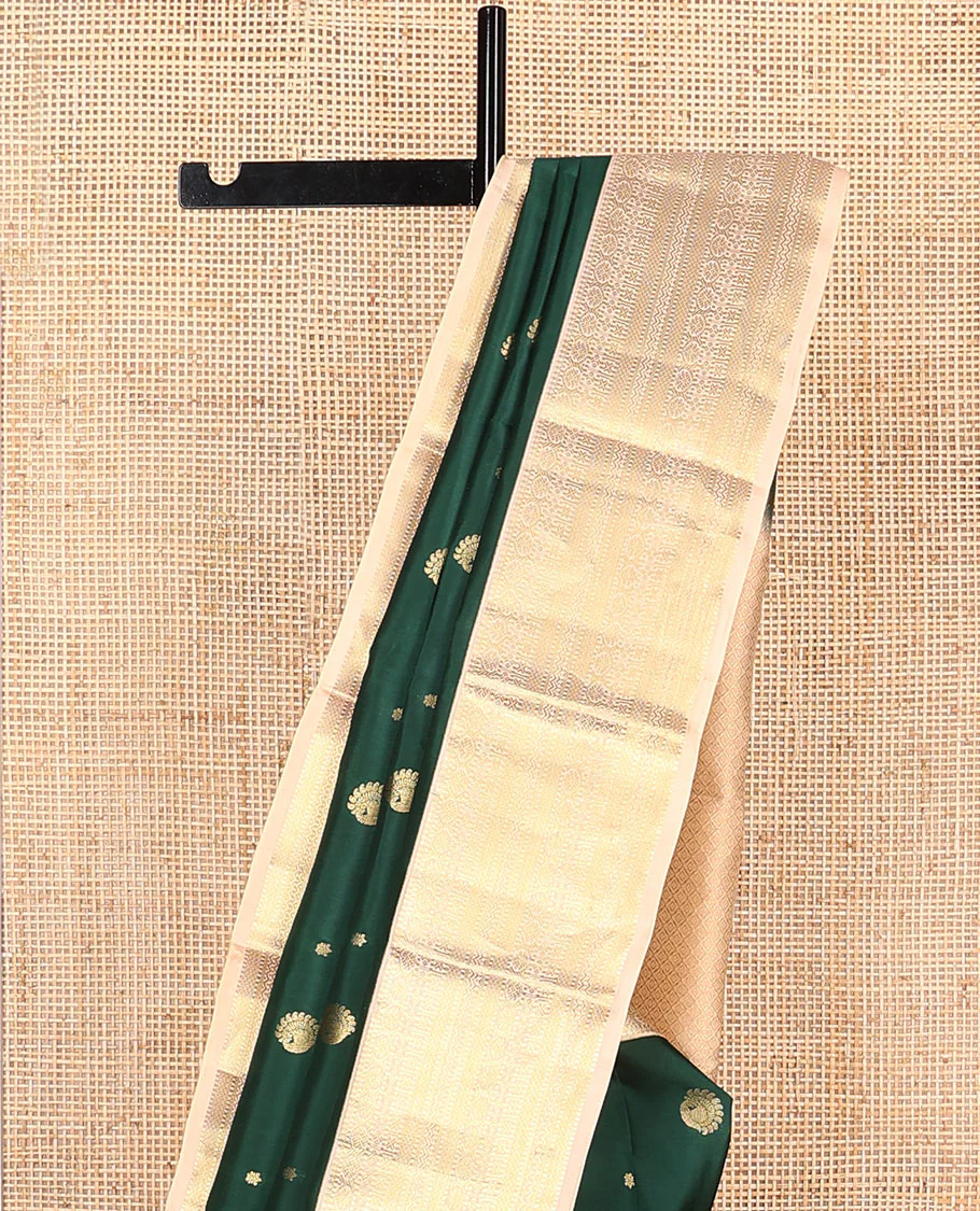 Green Vasundhara Lite Silk Mix Saree Spotlighted with Zari Buttas, Complemented by a Contrast Border Depicting Paneer Sombu, Muthu, Dhavana Kodi, Mayil Kann, Neli, and Lavangam Designs, Featuring a Zari-Elevated Jaal Pallu, Paired with a Contrast Blouse - Image 3