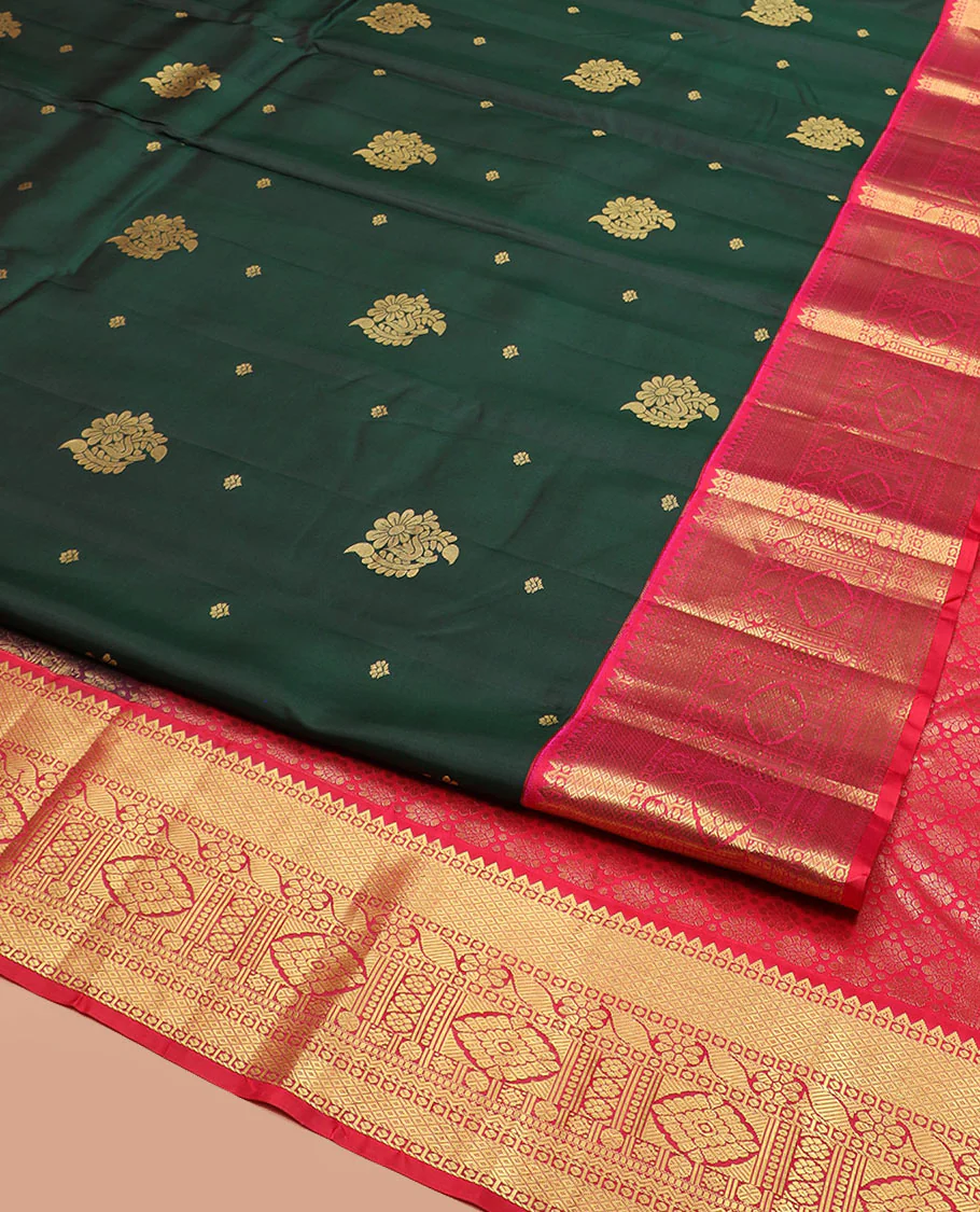 Green Vasundhara Silk Saree Decorated with Zari Buttas, Complemented by a Contrast Border of Rekku, Mayil Kann, Cross Kamalam, Laddu Kamalam, Rudraksham, Rettai Neli, Muthu, and Mayil Kann, Grandly Woven Jaal Pallu, and Paired with a Contrast Blouse - Image 2