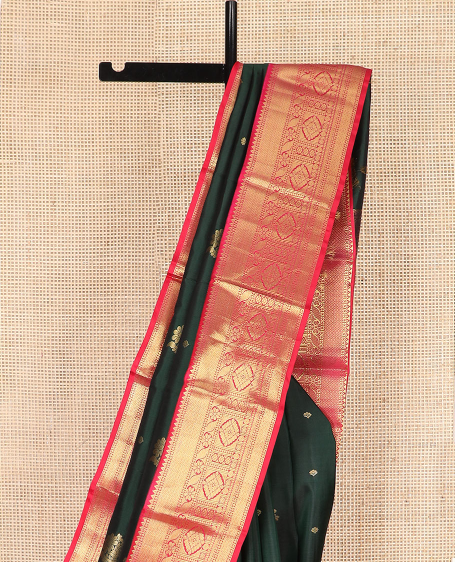 Green Vasundhara Silk Saree Decorated with Zari Buttas, Complemented by a Contrast Border of Rekku, Mayil Kann, Cross Kamalam, Laddu Kamalam, Rudraksham, Rettai Neli, Muthu, and Mayil Kann, Grandly Woven Jaal Pallu, and Paired with a Contrast Blouse - Image 3