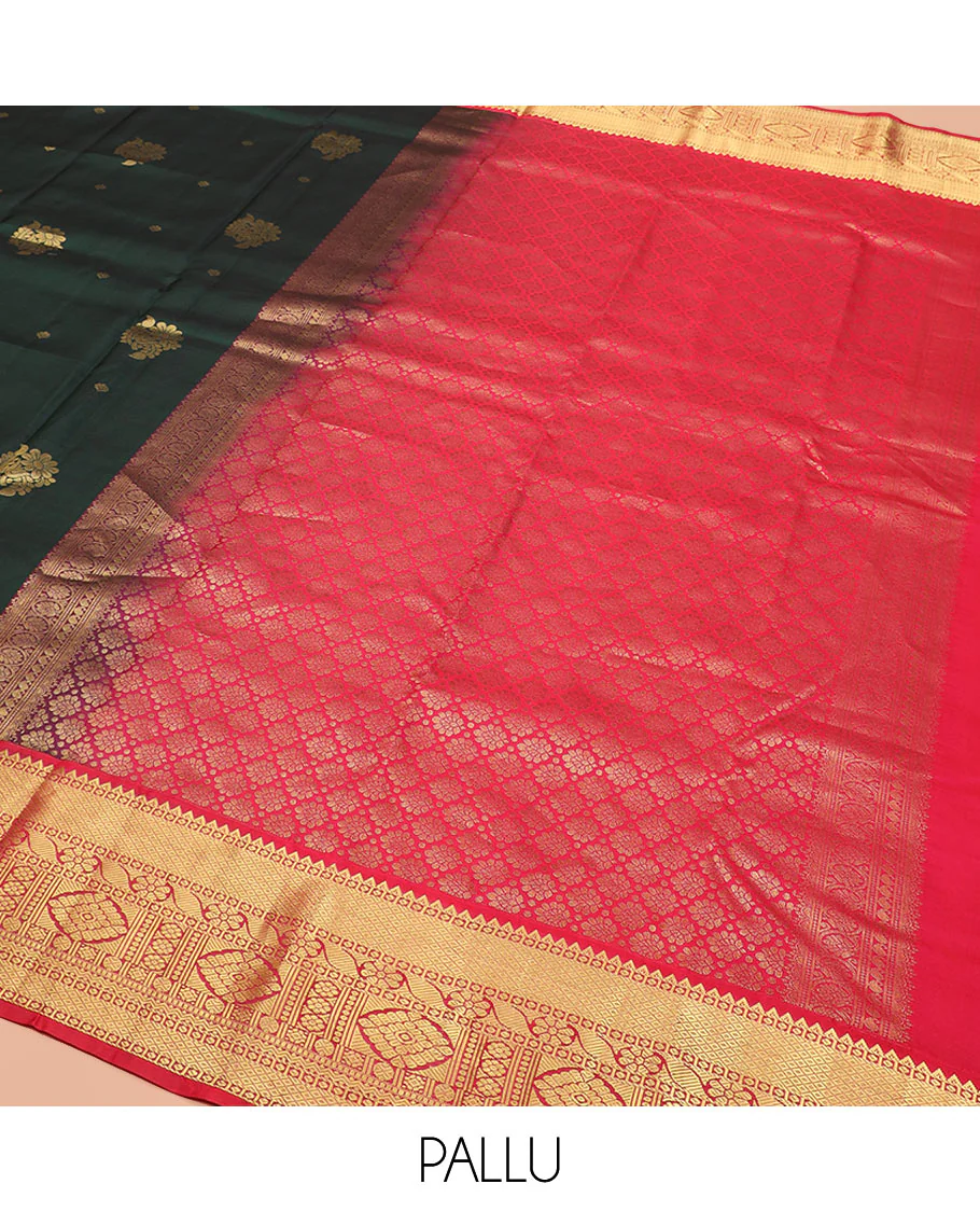 Green Vasundhara Silk Saree Decorated with Zari Buttas, Complemented by a Contrast Border of Rekku, Mayil Kann, Cross Kamalam, Laddu Kamalam, Rudraksham, Rettai Neli, Muthu, and Mayil Kann, Grandly Woven Jaal Pallu, and Paired with a Contrast Blouse - Image 5