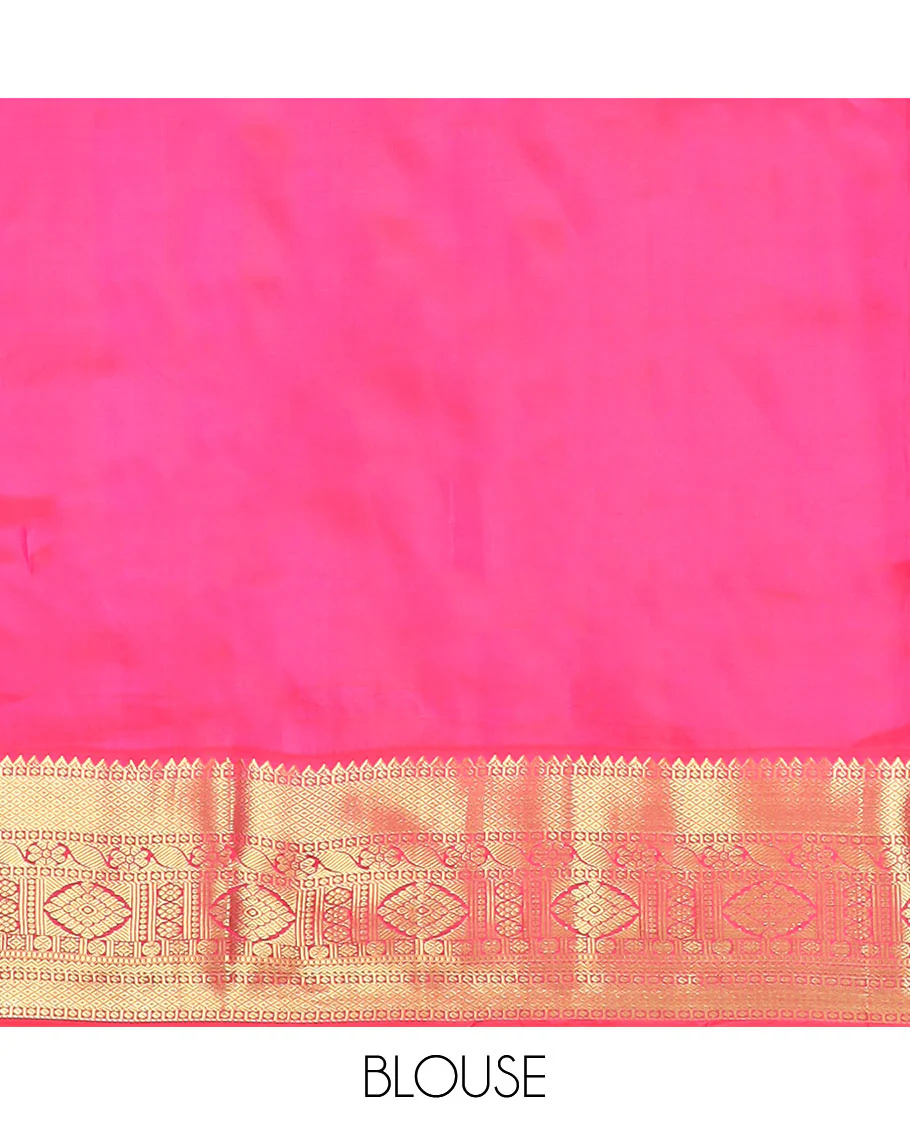 Green Vasundhara Silk Saree Decorated with Zari Buttas, Complemented by a Contrast Border of Rekku, Mayil Kann, Cross Kamalam, Laddu Kamalam, Rudraksham, Rettai Neli, Muthu, and Mayil Kann, Grandly Woven Jaal Pallu, and Paired with a Contrast Blouse - Image 6